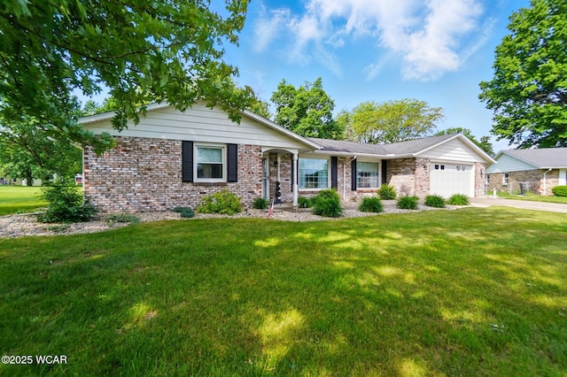 2101 Kimberly Dr, Lima, OH 45805 - ranch-style home with a garage, concrete driveway, a front lawn, and brick siding