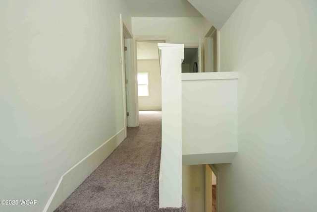 hallway featuring carpet flooring and baseboards