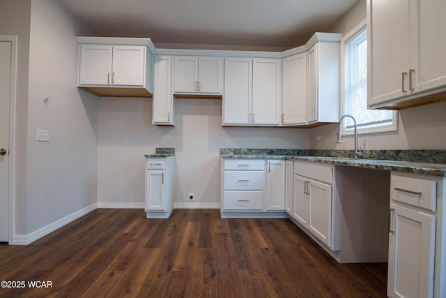 kitchen with white cabinetry, dark stone counters, dark hardwood / wood-style flooring, and sink