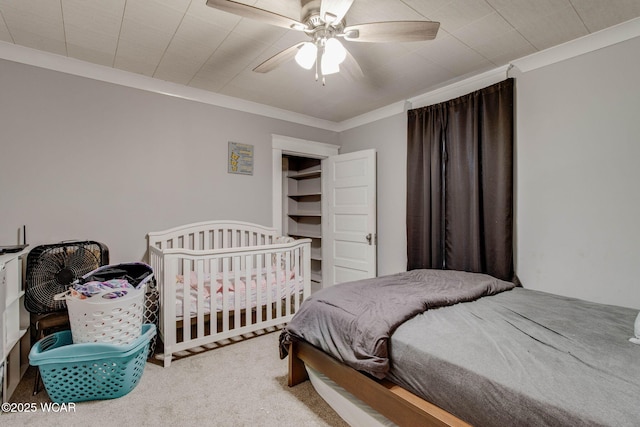 608 W Pearl St, Wapakoneta, OH 45895 - bedroom featuring carpet, a ceiling fan, and ornamental molding