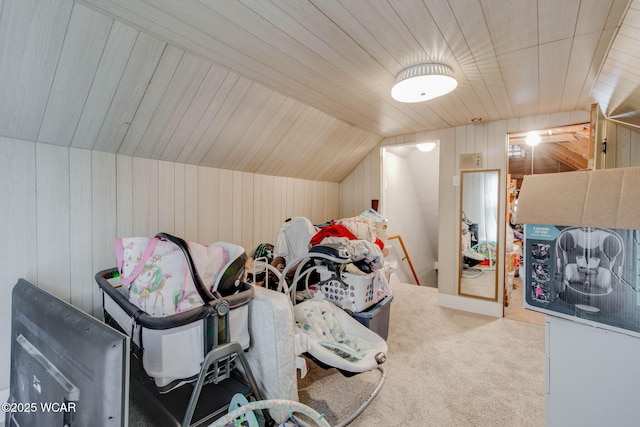 608 W Pearl St, Wapakoneta, OH 45895 - bonus room featuring wooden ceiling, lofted ceiling, wooden walls, and carpet floors