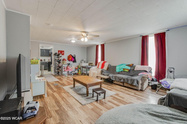 608 W Pearl St, Wapakoneta, OH 45895 - living area featuring ornamental molding, a ceiling fan, and wood finished floors