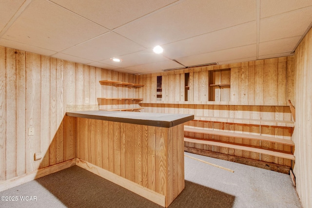 608 W Pearl St, Wapakoneta, OH 45895 - bar with carpet flooring, a bar, wooden walls, and recessed lighting