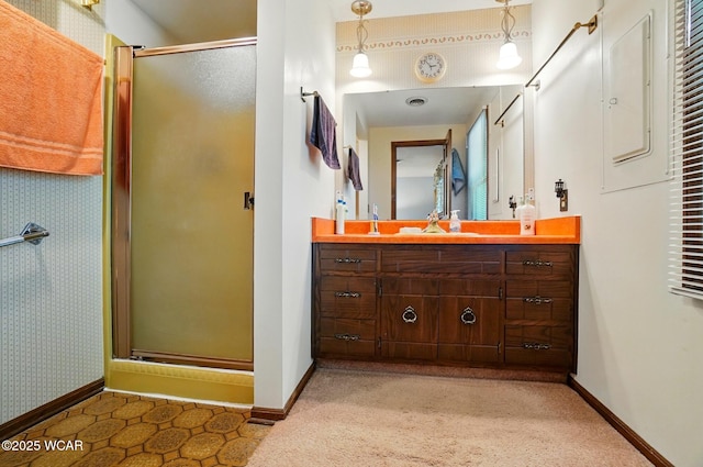 1317 Larry St, Van Wert, OH 45891 - full bath with a shower stall, vanity, carpet floors, and wallpapered walls