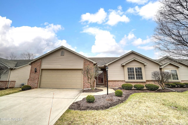 ranch-style house featuring a garage, concrete driveway, brick siding, and a front lawn