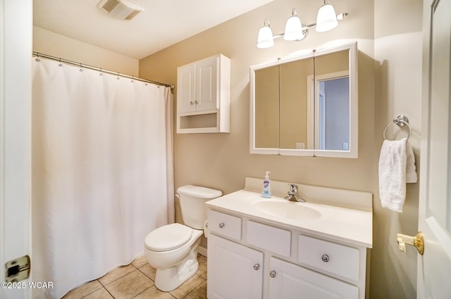 bathroom with visible vents, vanity, toilet, and tile patterned floors