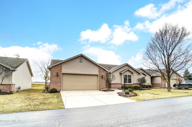 ranch-style house featuring a garage, concrete driveway, brick siding, and a front lawn