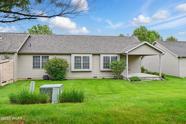 295 Brookview Ct, Lima, OH 45801 - rear view of property with crawl space, a patio area, a lawn, roof with shingles, and central AC