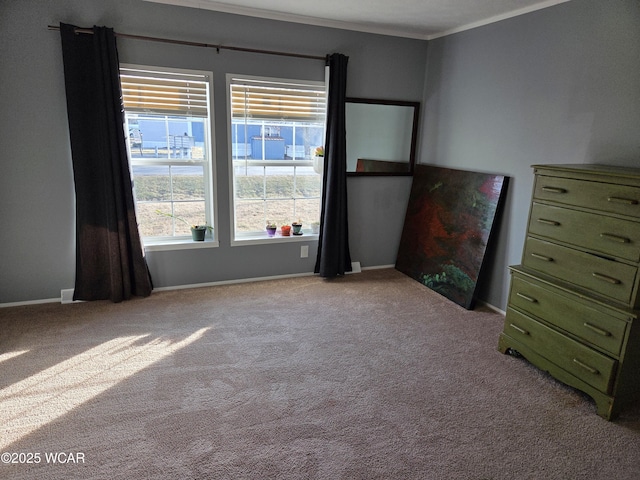 empty room with crown molding and light colored carpet