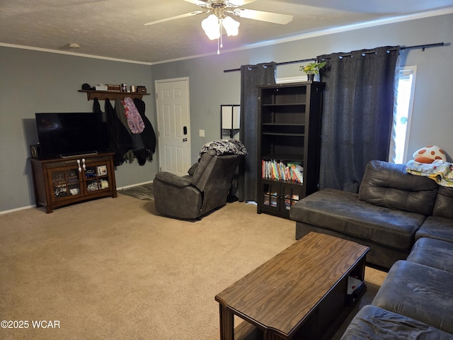 living room with ceiling fan, ornamental molding, carpet floors, and a textured ceiling