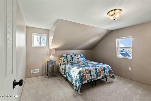 bedroom featuring lofted ceiling and carpet flooring