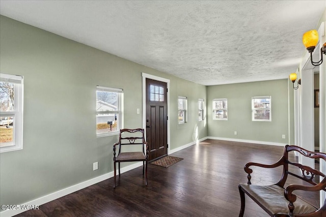 foyer entrance with dark hardwood / wood-style flooring and a textured ceiling