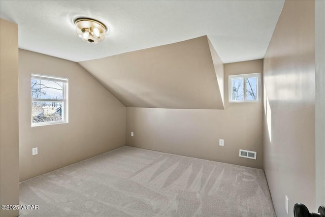 additional living space featuring vaulted ceiling and light colored carpet