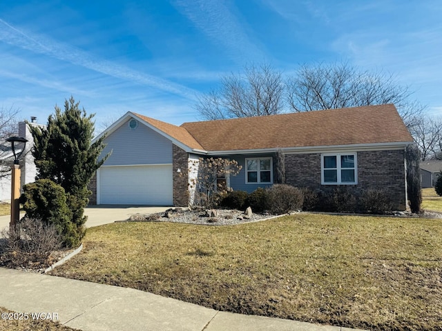 single story home featuring an attached garage, brick siding, driveway, and a front lawn