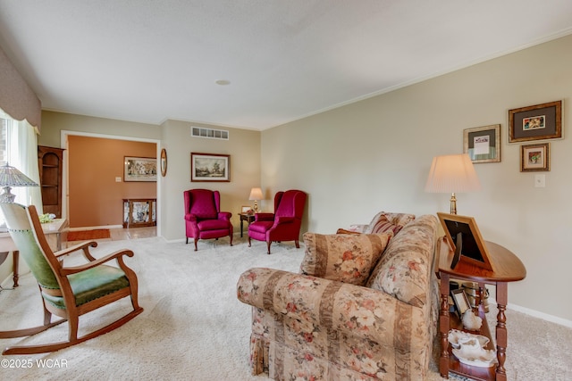 5295 E Rd, Lima, OH 45807 - living room featuring crown molding, carpet floors, baseboards, and visible vents