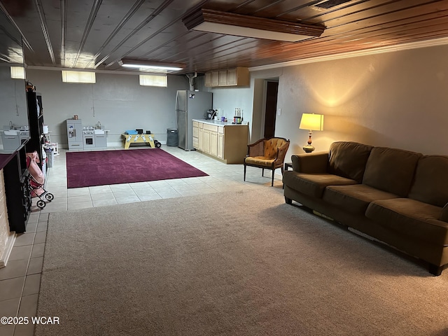 400 N Westminster St, Waynesfield, OH 45896 - below grade area featuring freestanding refrigerator, light tile patterned floors, and wooden ceiling