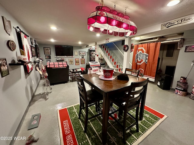 305 Fenway Dr, Lima, OH 45804 - dining area with stairway, recessed lighting, and finished concrete flooring