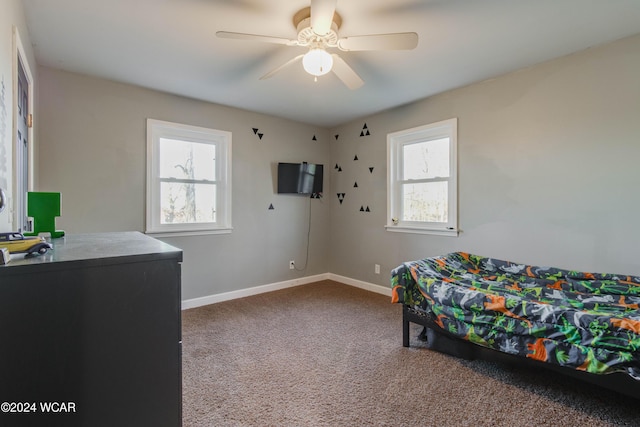 carpeted bedroom with multiple windows and ceiling fan