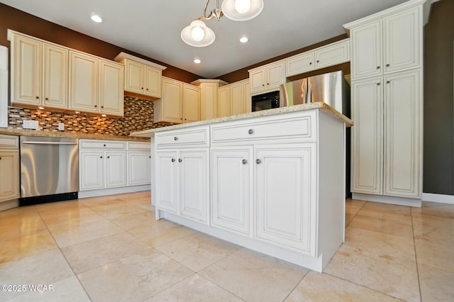 4441 Indian Hill Dr, Lima, OH 45806 - kitchen featuring dishwasher, backsplash, a chandelier, black microwave, and light stone counters
