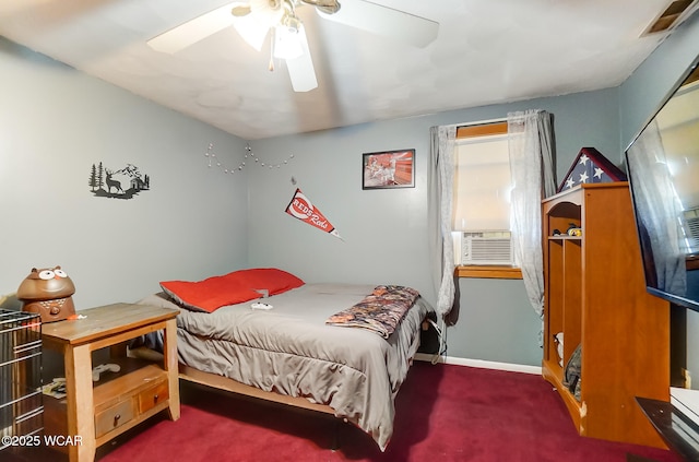 carpeted bedroom featuring cooling unit and ceiling fan