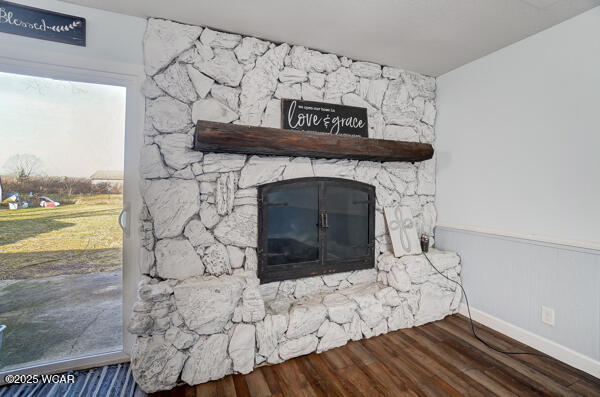 1280 Wonderlick Rd, Lima, OH 45805 - detailed view of a stone fireplace, wood finished floors, baseboards, and a wainscoted wall