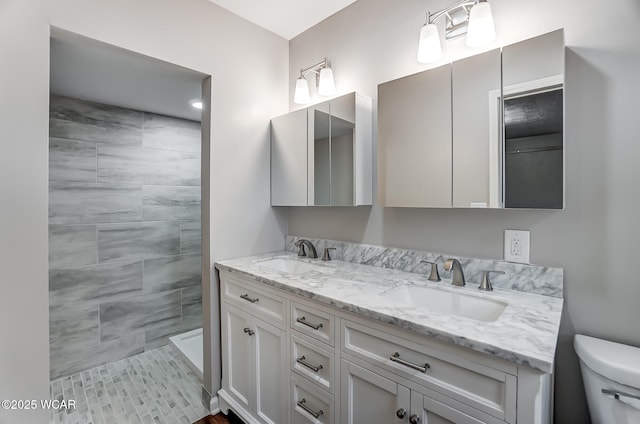 bathroom with vanity, toilet, and a tile shower