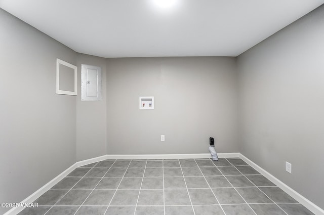 clothes washing area featuring electric panel and hookup for a washing machine