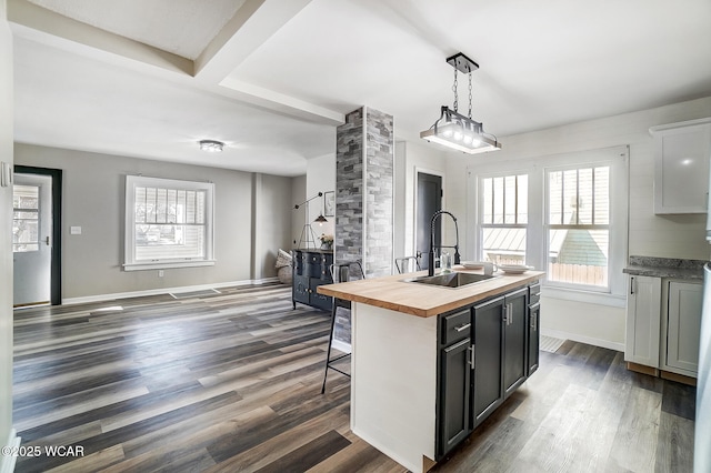 kitchen with dark wood finished floors, wooden counters, baseboards, and a sink