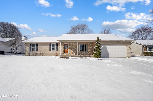 single story home featuring an attached garage and a chimney