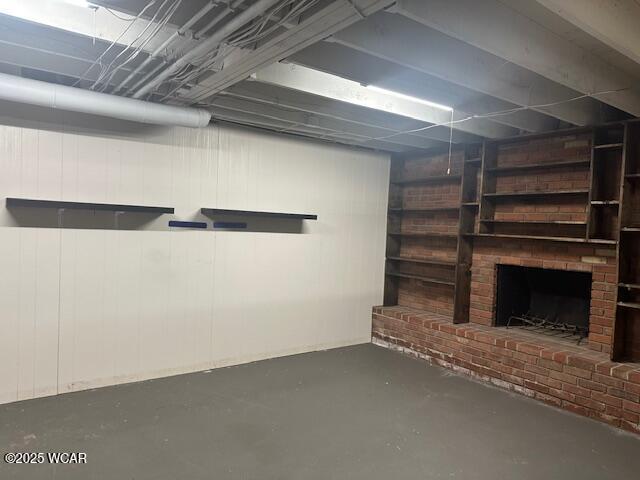 basement featuring a fireplace