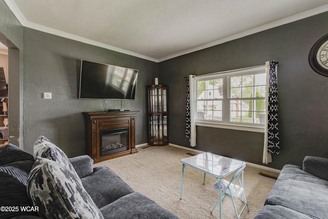 213 Johns Ave, Elida, OH 45807 - carpeted living room featuring a glass covered fireplace, ornamental molding, and baseboards