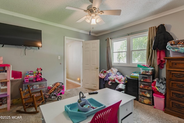 213 Johns Ave, Elida, OH 45807 - game room featuring carpet flooring, a textured ceiling, a ceiling fan, and ornamental molding