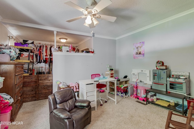 213 Johns Ave, Elida, OH 45807 - playroom featuring crown molding, carpet, ceiling fan, and a textured ceiling