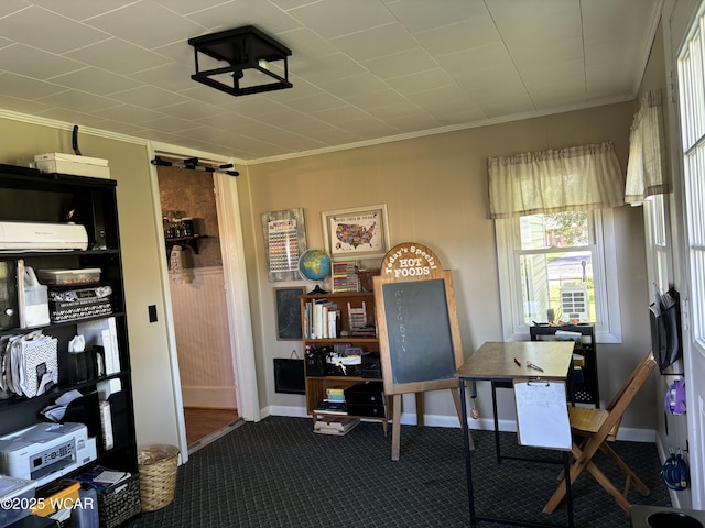 8989 Ridge Rd, Delphos, OH 45833 - office with crown molding, dark colored carpet, and baseboards