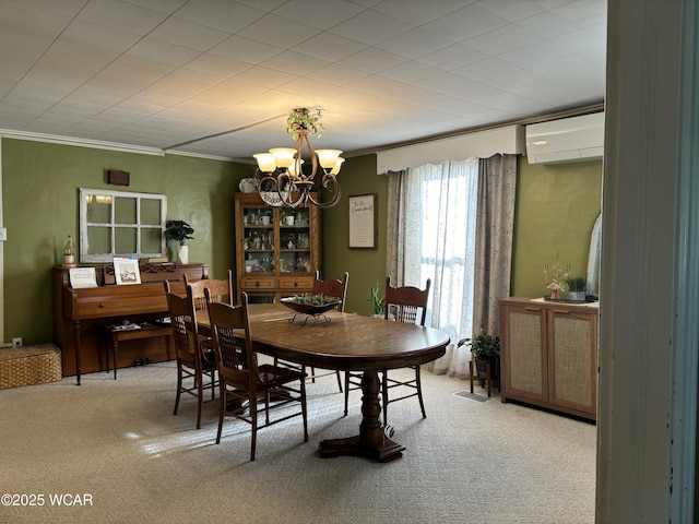 8989 Ridge Rd, Delphos, OH 45833 - dining space with a chandelier, carpet, an AC wall unit, and crown molding