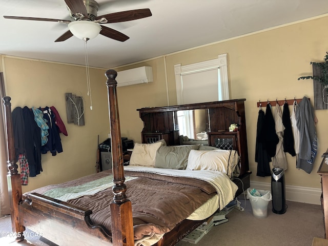 8989 Ridge Rd, Delphos, OH 45833 - bedroom featuring a wall mounted air conditioner, carpet floors, a ceiling fan, and baseboards
