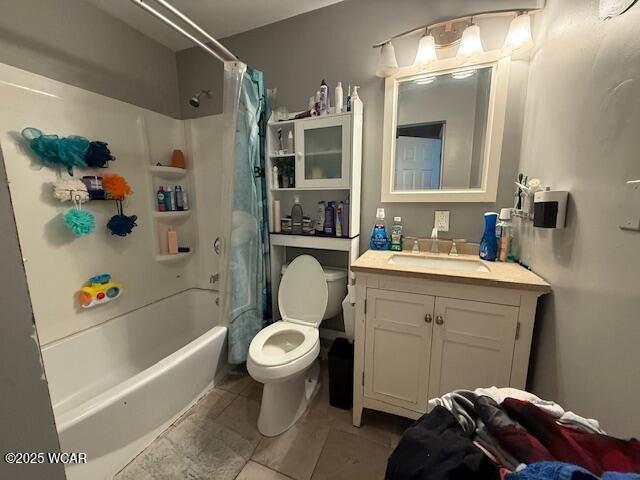 full bathroom with vanity, shower / bath combination with curtain, and toilet