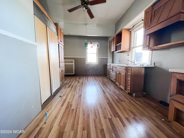 kitchen with sink, wood-type flooring, and ceiling fan