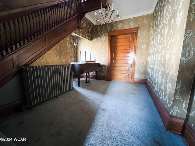 additional living space featuring carpet floors, radiator heating unit, and a chandelier