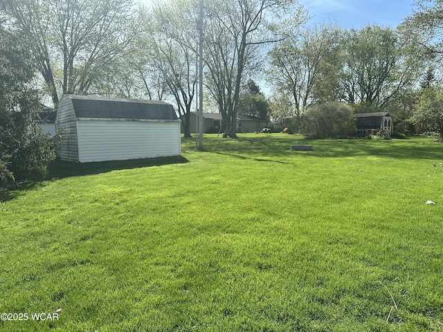 view of yard featuring a storage shed and an outbuilding