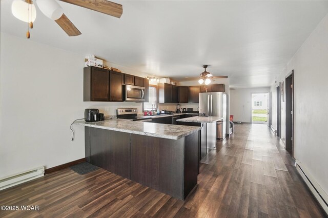118 S Wagner Ave, Wapakoneta, OH 45895 - kitchen with a ceiling fan, dark brown cabinetry, a peninsula, a baseboard radiator, and appliances with stainless steel finishes