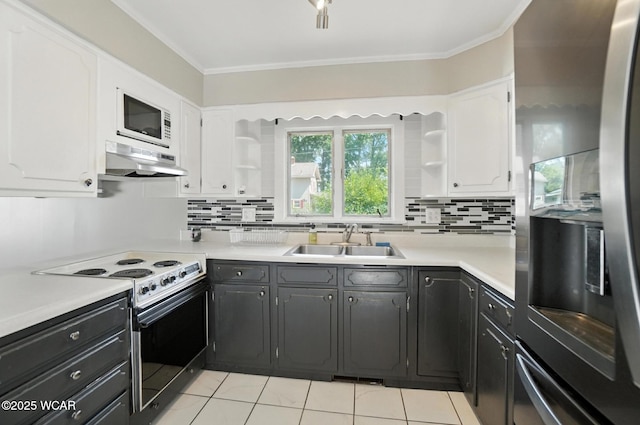 1574 Oakland Pkwy, Lima, OH 45805 - kitchen with range with electric cooktop, white cabinetry, under cabinet range hood, decorative backsplash, and open shelves
