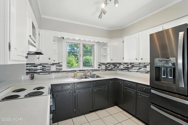 1574 Oakland Pkwy, Lima, OH 45805 - kitchen featuring refrigerator with ice dispenser, white cabinets, tasteful backsplash, and ornamental molding