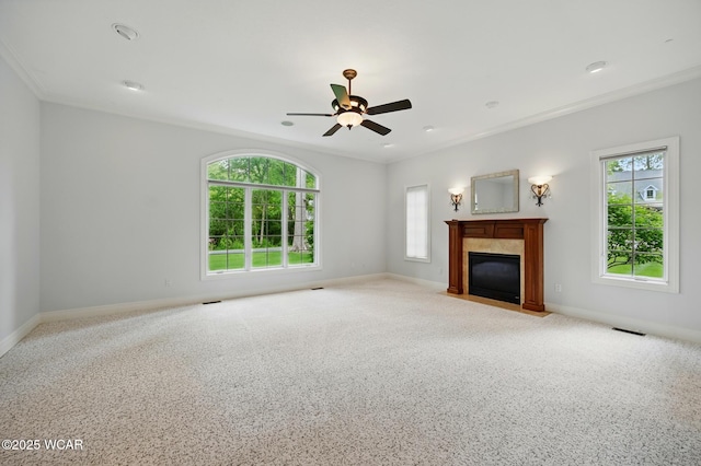 7 Estate Dr, Lima, OH 45805 - unfurnished living room with a fireplace, a ceiling fan, baseboards, and ornamental molding