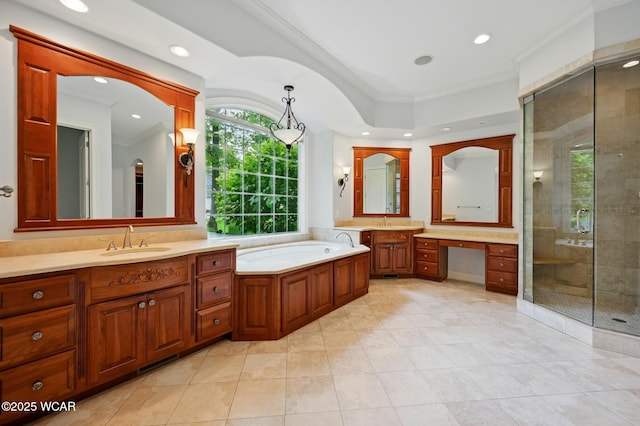 7 Estate Dr, Lima, OH 45805 - full bathroom with vanity, a stall shower, ornamental molding, tile patterned flooring, and recessed lighting