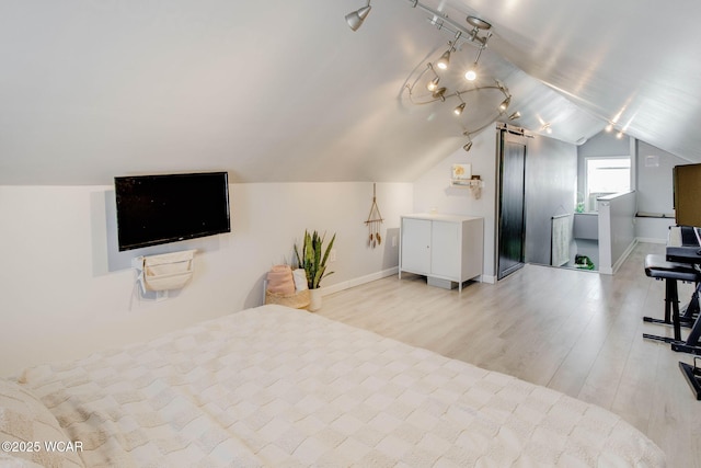 bedroom featuring lofted ceiling and light hardwood / wood-style floors