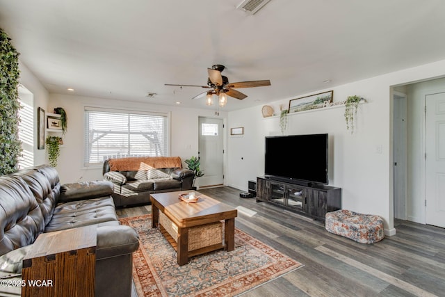 living room featuring ceiling fan and dark hardwood / wood-style floors