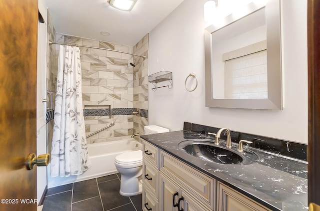 full bathroom featuring tile patterned flooring, vanity, shower / bathtub combination with curtain, and toilet