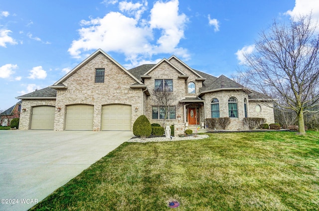 french country home featuring a garage, a shingled roof, concrete driveway, a front lawn, and brick siding