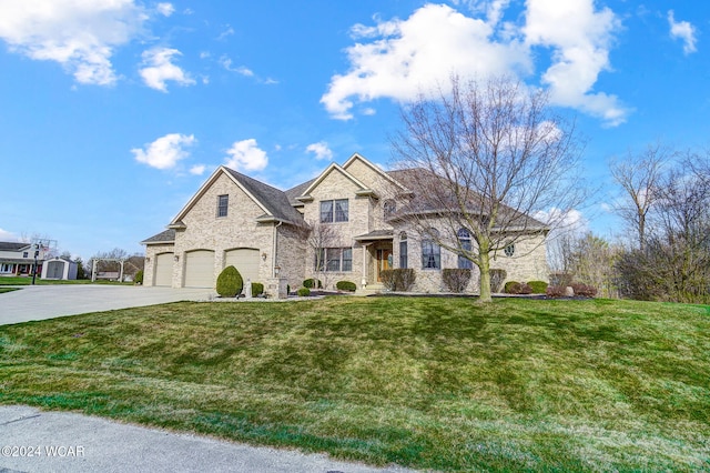 french country inspired facade featuring a garage, a front yard, concrete driveway, and brick siding